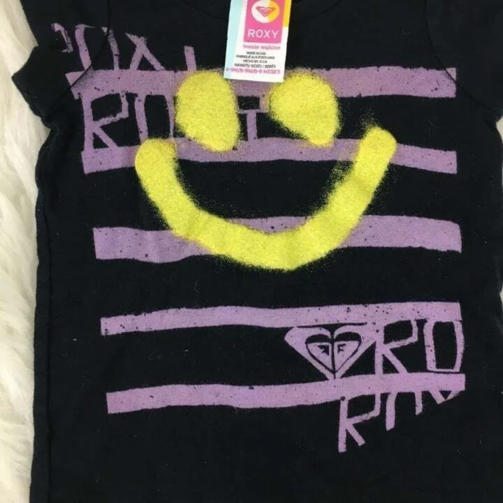 Roxy 6-9 months black cotton shirt short sleeve t-shirt graphic smiley face